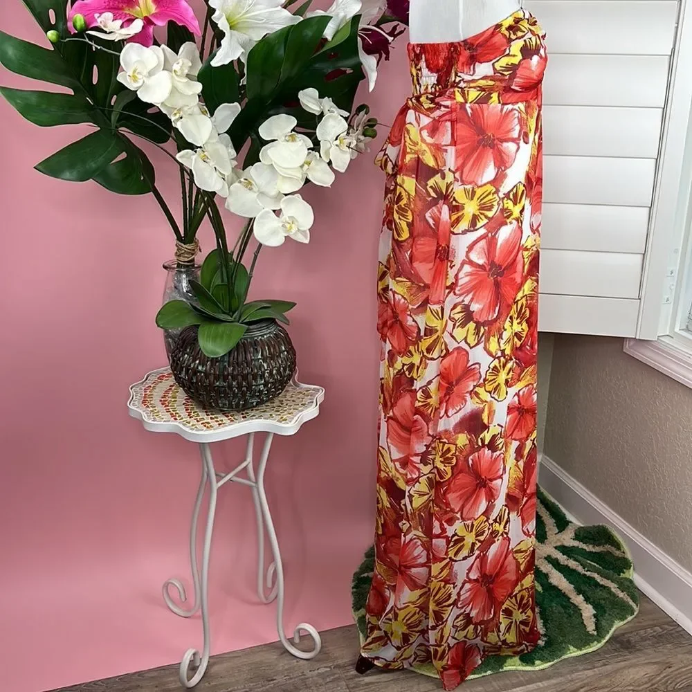 Xhilaration Strapless Tropical Fall Hibiscus Floral Maxi Summer Dress